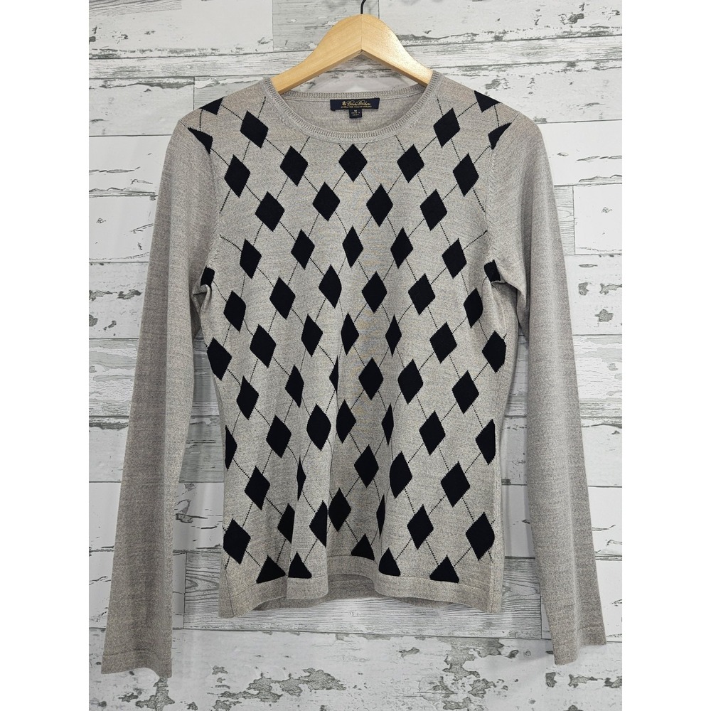 Brooks Brothers Extra Fine Italian Merino Wool Argyle Sweater Gray Navy Medium